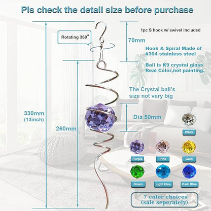 Fonmy Gazing Ball Spiral Tail -Decorative Wind Spinner Sun Catcher Rainbow Maker 11 inch Tail and 2 inch Purple Crystal Orb. Indoor Outdoor Garden Decoration -13 inch Height