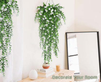 RECUTMS Artificial Hanging Plants Fake Hanging Plant Faux Eucalyptus Leaf Greenery Vine Outdoor UV Resistant Plastic Plants Home Garden Wedding Party Indoor Outdoor Decorations(White)