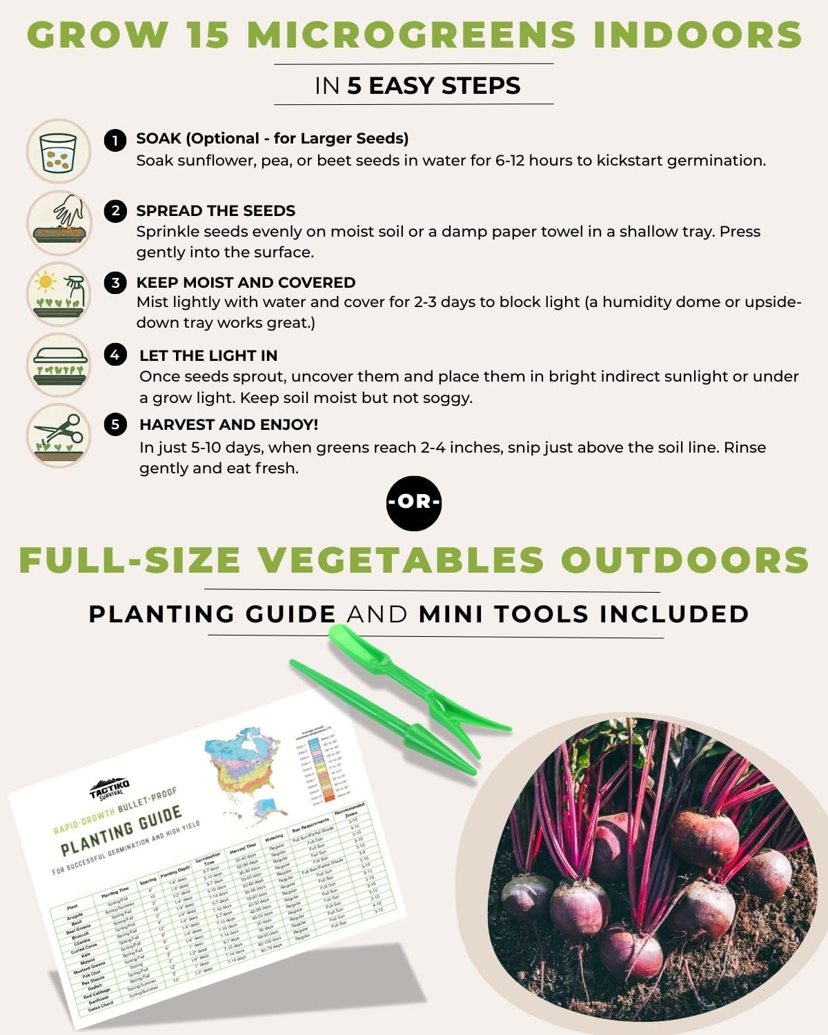 15 Tactiko Rapid Growth Microgreens & Vegetable Seed Kit – Heirloom Non-GMO Grown in USA – for Everyday or Survival Use – Sprout Indoors or Grow Full-Size Veggies in Soil, Containers, or Hydroponics