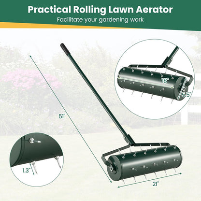 Goplus Rolling Lawn Aerator, 21-Inch Garden Yard Rotary Push Tine Filled Sand Stone, Heavy Duty Spike Soil Aeration w/Metal Handle, Fillable Drum 51" Manual Lawn Aeration Tool Garden Grass Patio Yard