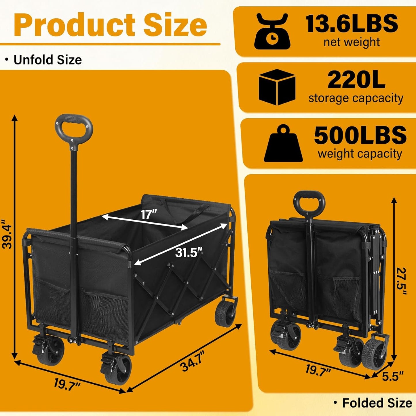 Wagons Carts Foldable,500 LBS Large Capacity Foldable Wagon Cart Collapsible Wagon with Wheels & Drink Holders,Utility Folding Cart for Camping Garden Beach Picinic Grocery Outdoor Shopping(Black)