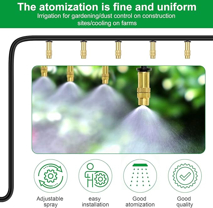30PCS 1/4" Adjustable Copper Atomizing Nozzle Kalolary Drip Irrigation Sprayer 4/7mm Atomizing Micro Sprinkler Garden Cooling Irrigation Equipment for Lawn Vegetables Greenhouse