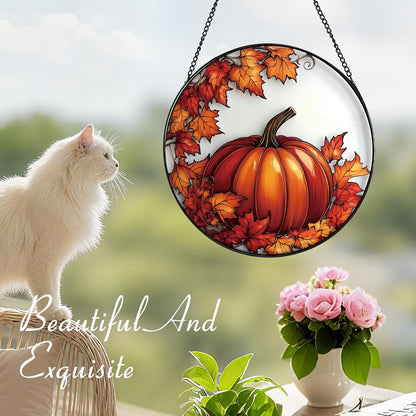 Pumpkin Maple Leaf Suncatcher -7.9 in Stained Glass Window Hanging Sun Catcher Garden Decor