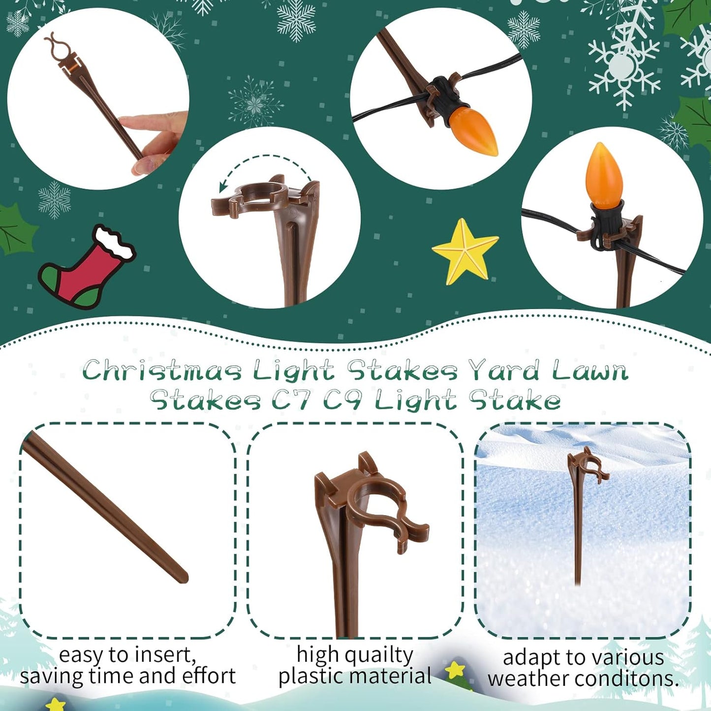 Jetec 200 Pieces Christmas Light Stakes Universal Yard Lawn Holiday 7.5 Inches Light Ground Stakes for C7 C9 String Lights Christmas Outdoor Lights Holders on Yards, Driveways (Brown)