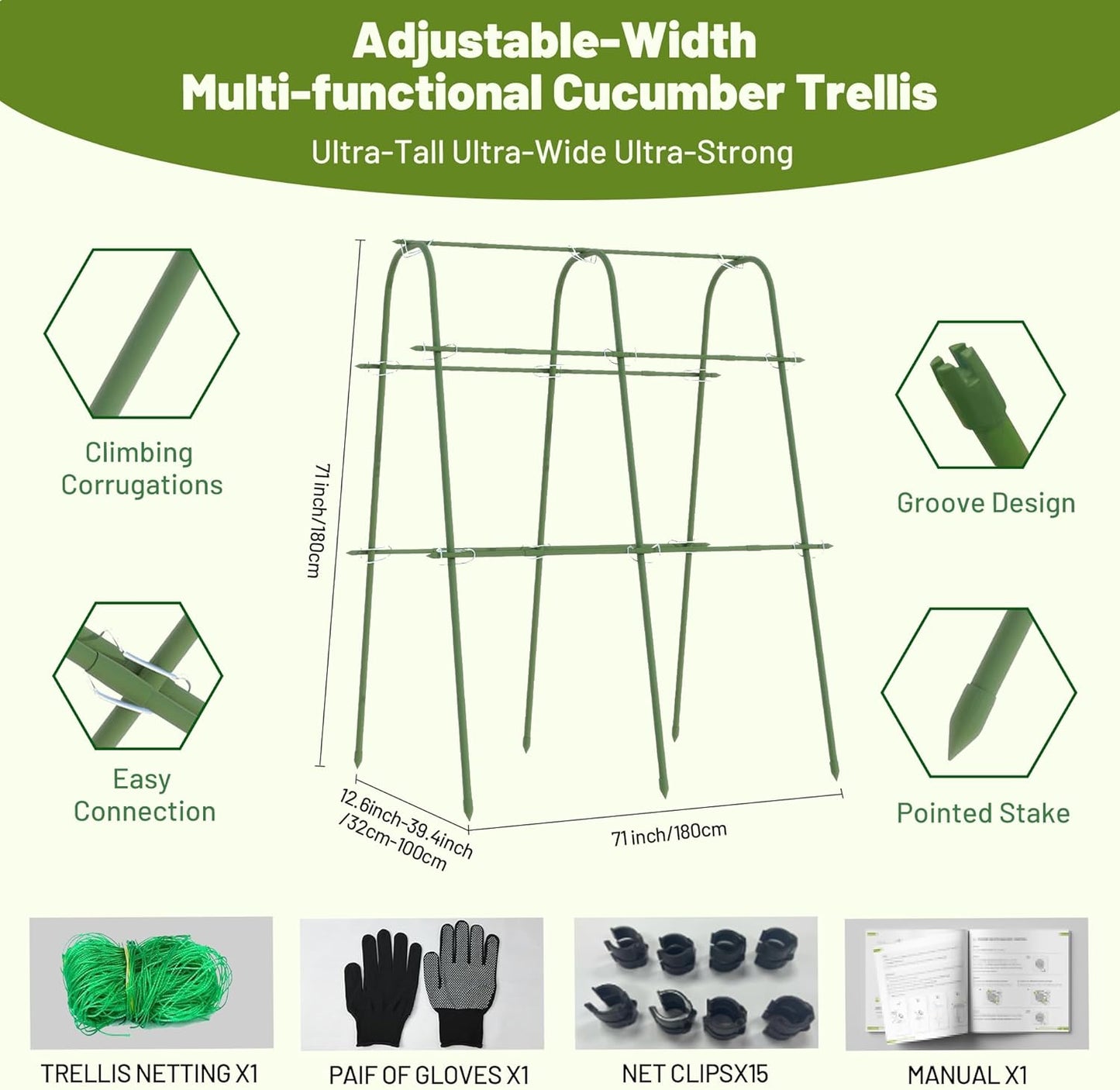 Extra Tall Metal Arch Trellis, 71X71 inch U-Shape Garden Trellis with Netting, Rust-Resistant PE Coated Steel Cucumber Trellis for Raised Bed, Vegetables, Fruits, Beans, Green