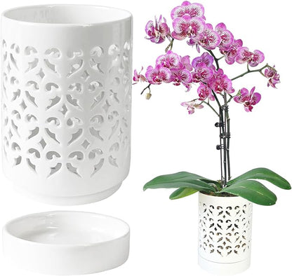 Orchid Pots with Holes,4 Inch Ceramic Orchid Pot for Repotting, Flower Planter Pot Indoor Outdoor, Breathable Slotted Orchids Planter White
