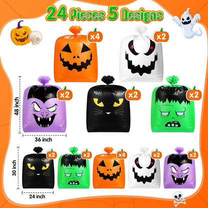 Qilery 24 Pcs Halloween Leaf Lawn Bags Plastic Pumpkin Trash Bags for Leaves with Twist Ties for Halloween Yard Garden Outdoor Party Favors Decorations