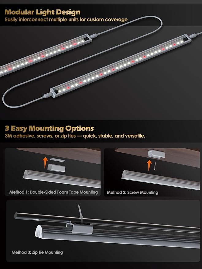 Smart Grow Light for Indoor Plants,3500K Full Spectrum LED Plant Light Strips with 3/9/12H Auto Timer,Stepless Dimming,Modular Design，Plug and Play (White, 6 Pack 48W)