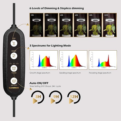 GLOWRIUM Grow Lights for Indoor Plants, 20W Full Spectrum LED Grow Light Floor Lamp with Stand Adjustable Height and Angle, Black Plant Light with 3/9/12H Grow Light Timer