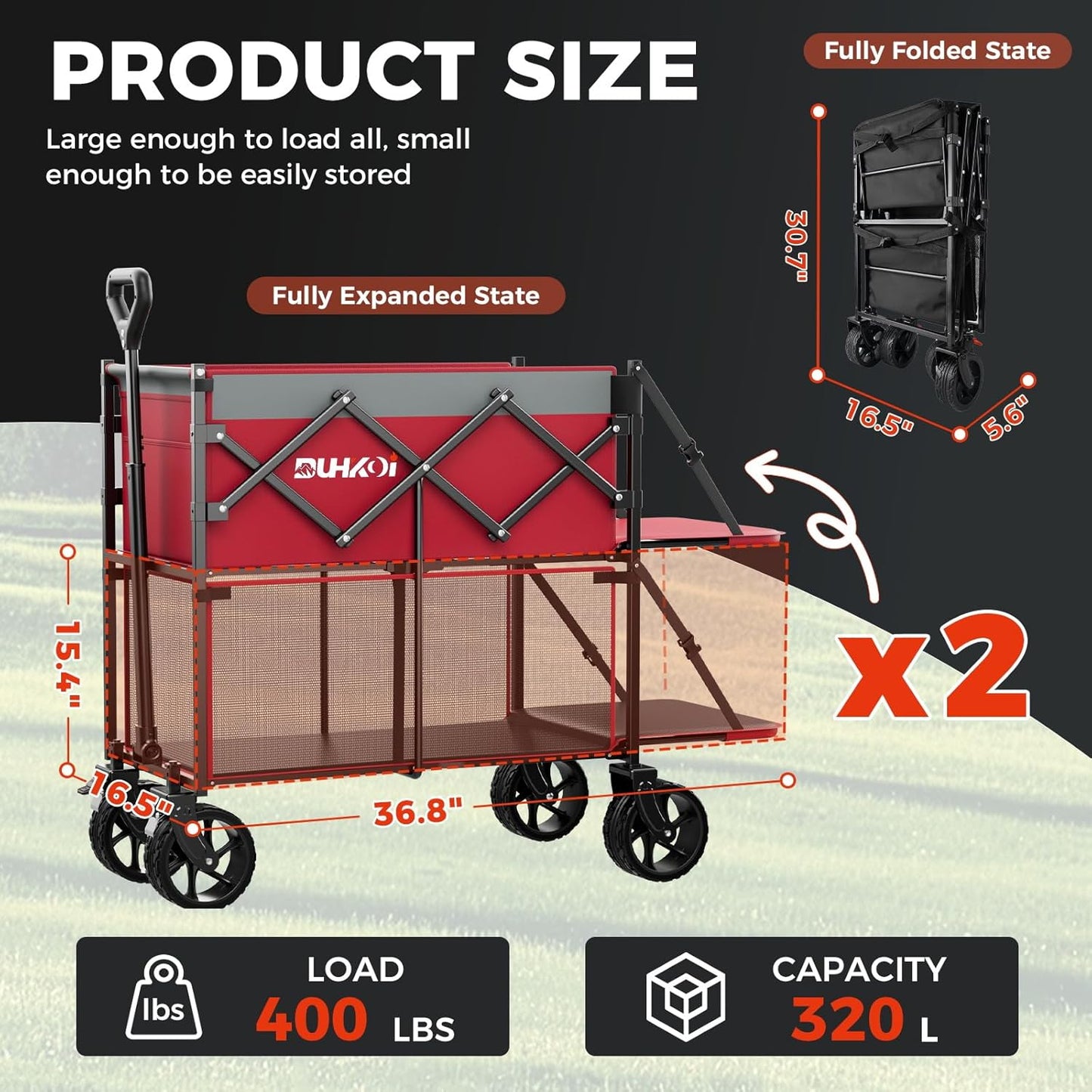 Double Decker Wagon 320L Large Capacity 400LBS Collapsible Sports Utility Cart with Big Wheels,Double Extended Tailgate Heavy Duty Folding Wagon Cart for Groceries,Camping,Outdoor-Rose Pink