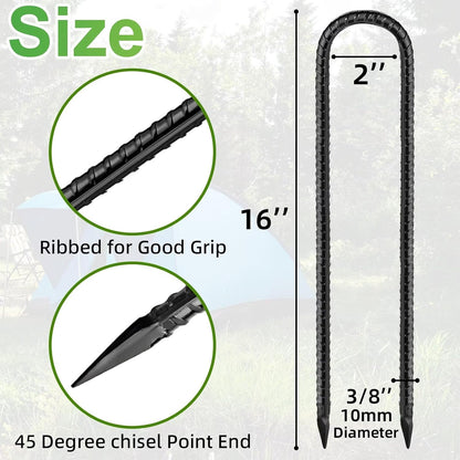 Black Trampoline Stakes Anchors High Wind 16inx10mm Galvanized U Hook 4pcs Rebar Stakes – Heavy Duty Ground Anchors for Trampoline,Yard & Inflatable,Landscape Metal Stakes for Outdoor Decorations