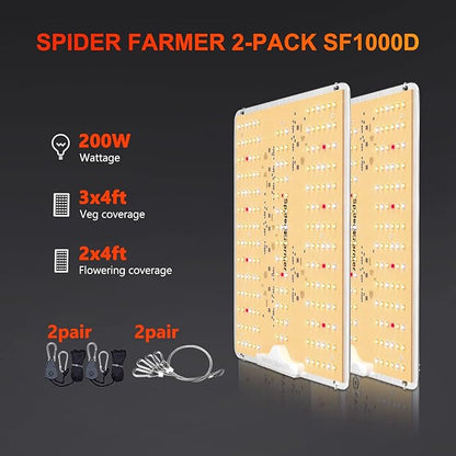 Spider Farmer 2025 New SF1000D 2Pack LED Grow Light with Samsung LM301B Diodes Deeper Penetration & IR Lights Full Spectrum Growing Lamps for Indoor Plants Seedlings Vegetables Flowers 2x4 Grow Tent