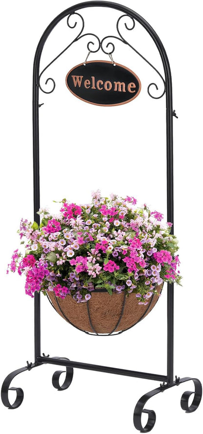 Metal Welcome Planter Basket Stand with Coco Liner, 39.5” Hanging Planter Stand with Decorative Welcome Sign Outdoor Decor for Garden, Patio, Deck, Entry and Front Porch