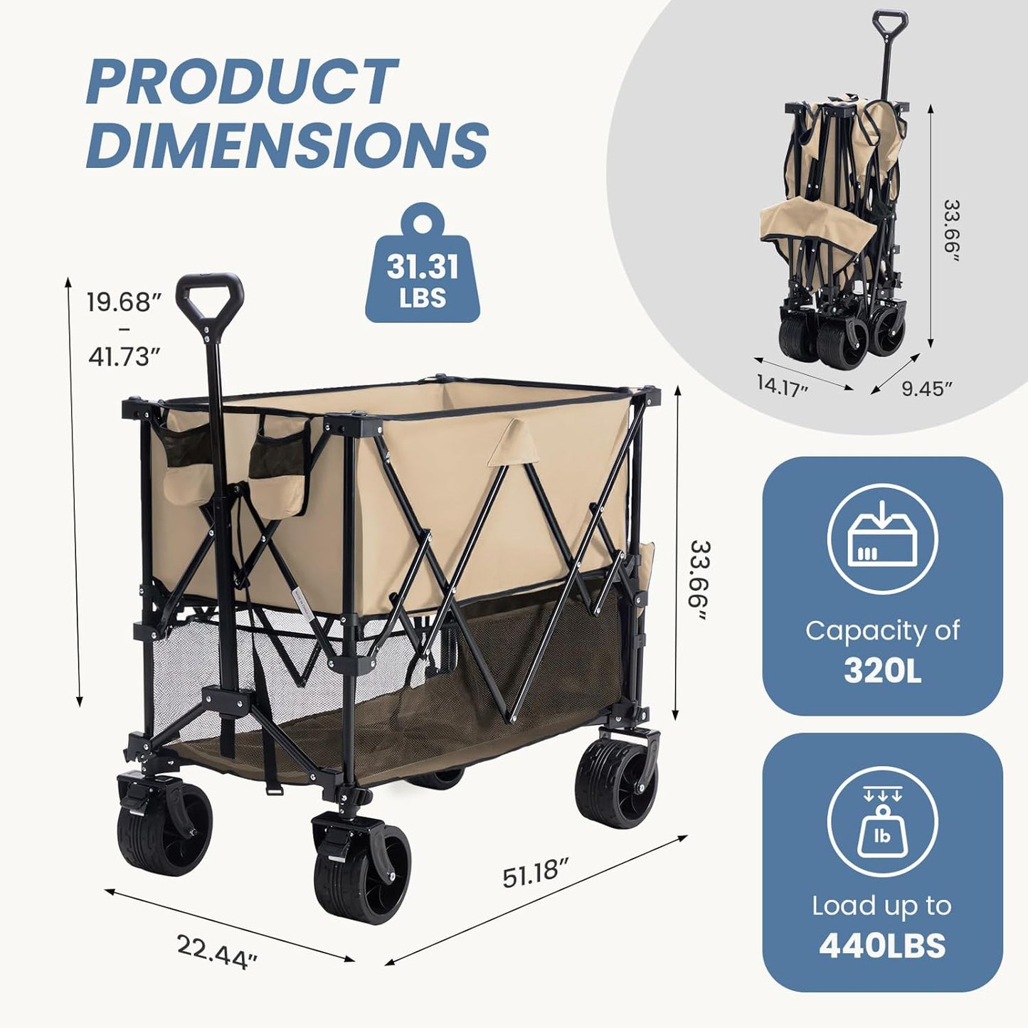 DUMOS Large Capacity Folding Double Decker Wagon with Brakes, 440 lbs Wagons Carts Foldable Wagon Cart with Flexible Handle, All-Terrain Big Wheels for Grocery Sports Garden Camping