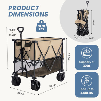 DUMOS Large Capacity Folding Double Decker Wagon with Brakes, 440 lbs Wagons Carts Foldable Wagon Cart with Flexible Handle, All-Terrain Big Wheels for Grocery Sports Garden Camping