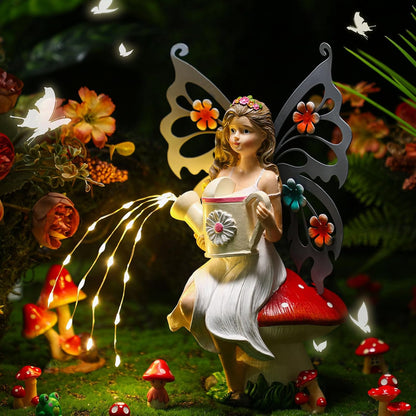 9. 8'' H Fairies Garden Figurines Garden Accessories Butterfly Wing Fairy Figurine Mushroom Decor Solar Luminous Watering Can Resin Statue for Outdoor Indoor Patio Yard Home Decorations