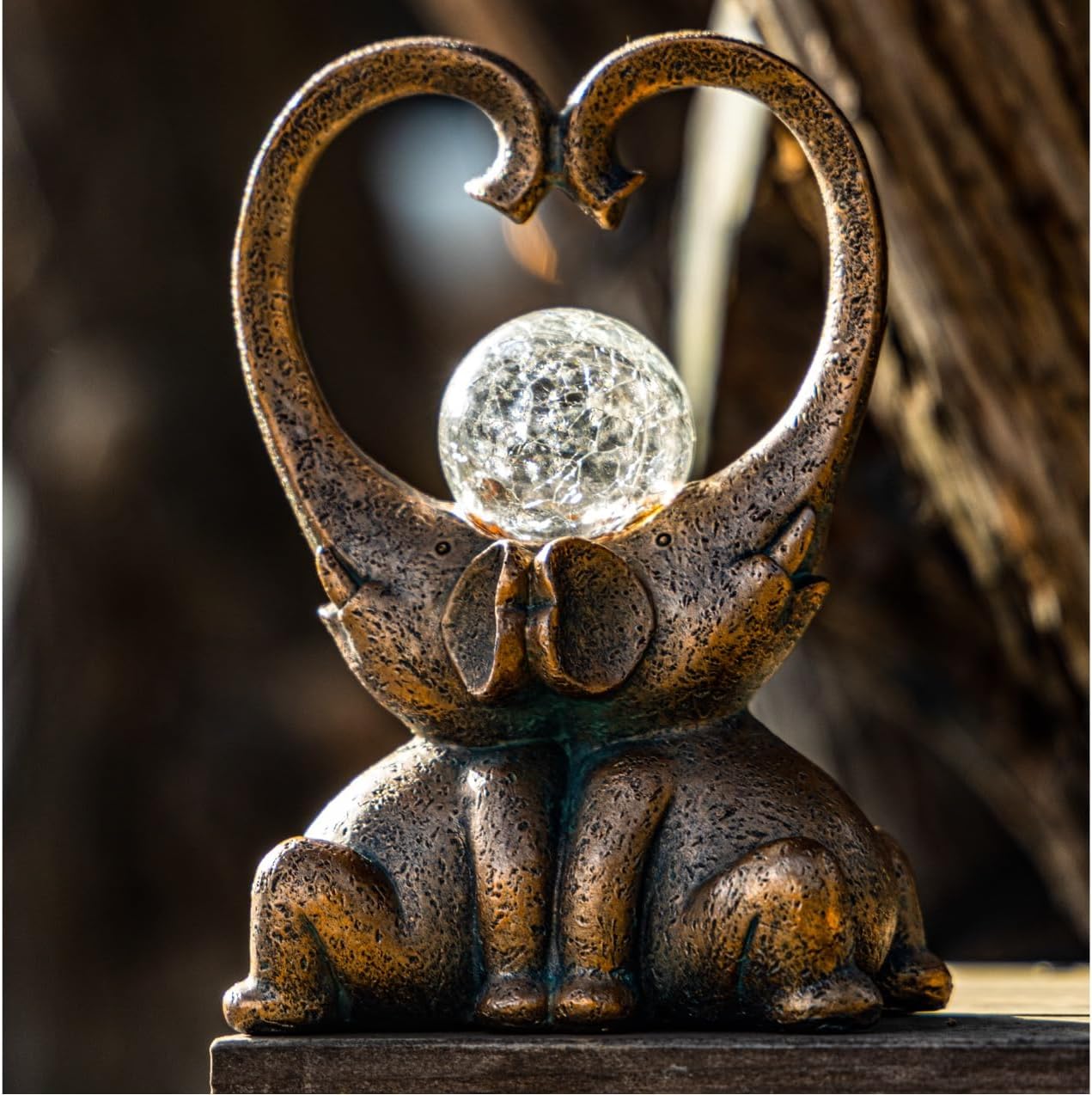 WHIMSYNOOK 7.9" Bronze Elephant Garden Statue with Heart-Shaped Trunks & Solar LED Light – Outdoor Decor for Porch, Lawn, Yard – Perfect Birthday, Housewarming Gifts for Mom and Elephant Lovers