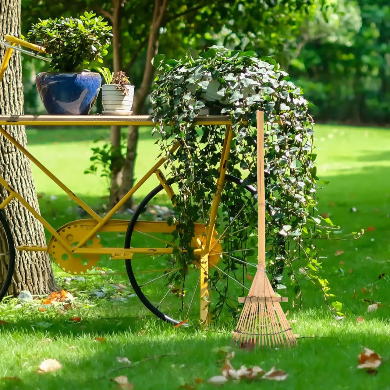 Wooden Garden Rake 20 Tines Hand Rake for Leaves Soil Spreading Lawn Care Yard Tool for Gardening Cleaning Landscaping
