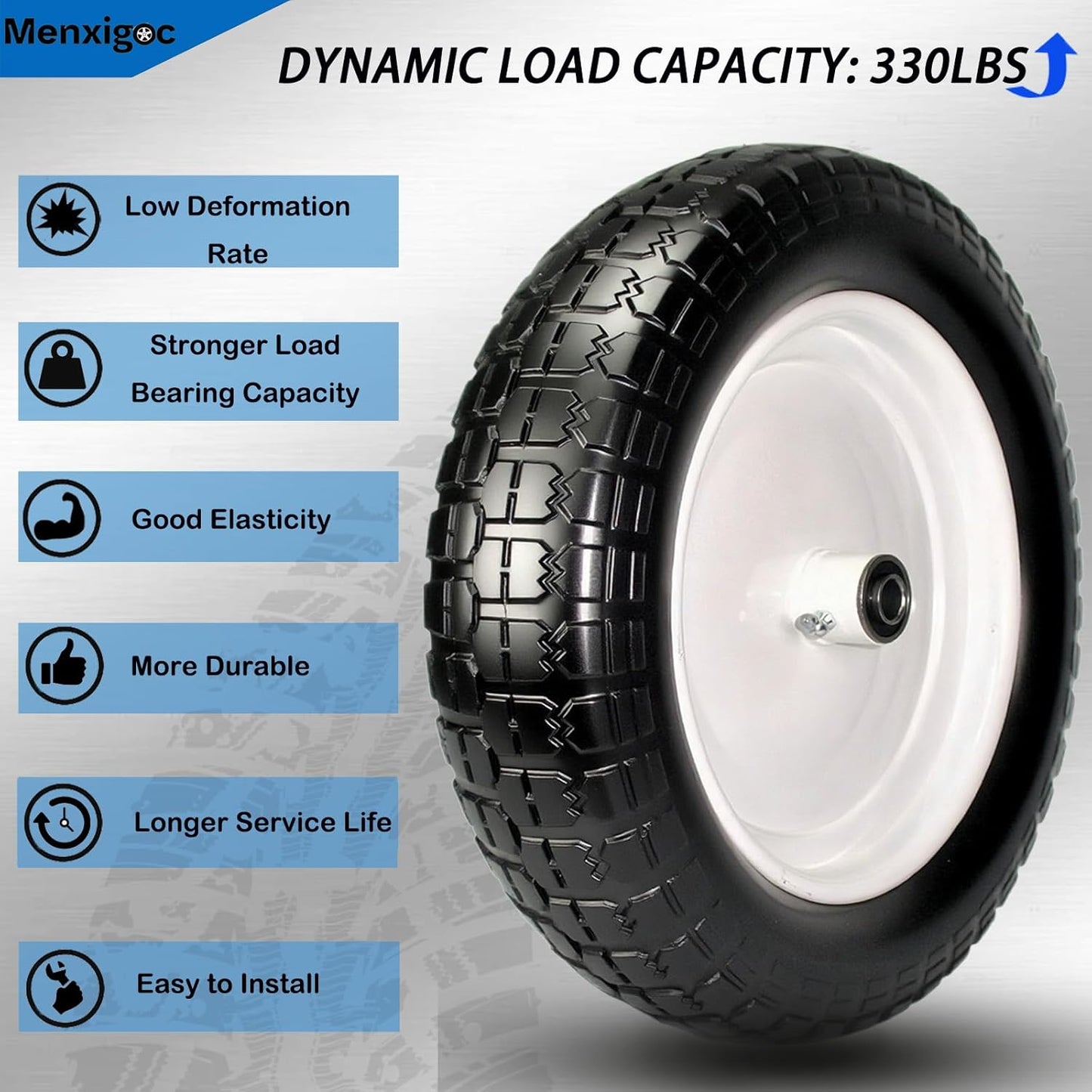 4.80/4.00-8 Solid Tire, 14.5" Flat Free Tire and Wheel, 5/8" Bore Bearing with 3/4" Extra Bearings, 3" -7" Centered Hub - Universal for 4.80-8 4.00-8 4.00-6 3.50/3.00-8 Wheels