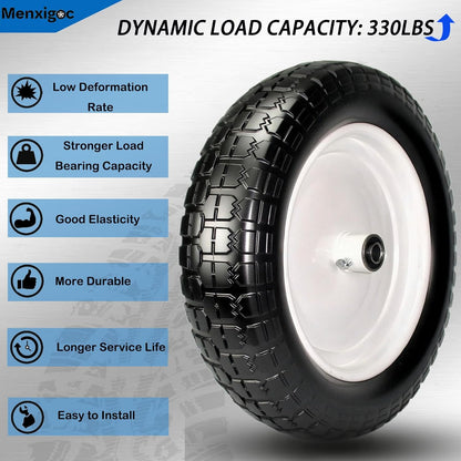 4.80/4.00-8 Solid Tire, 14.5" Flat Free Tire and Wheel, 5/8" Bore Bearing with 3/4" Extra Bearings, 3" -7" Centered Hub - Universal for 4.80-8 4.00-8 4.00-6 3.50/3.00-8 Wheels