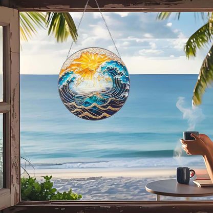 Ocean Wave Sunset Suncatcher Stained Glass Window Hanging - 10" Hand-Painted Sun Catcher Garden Hanging Decoration with Metal Chain Outdoor Garden Decor Gift for Women