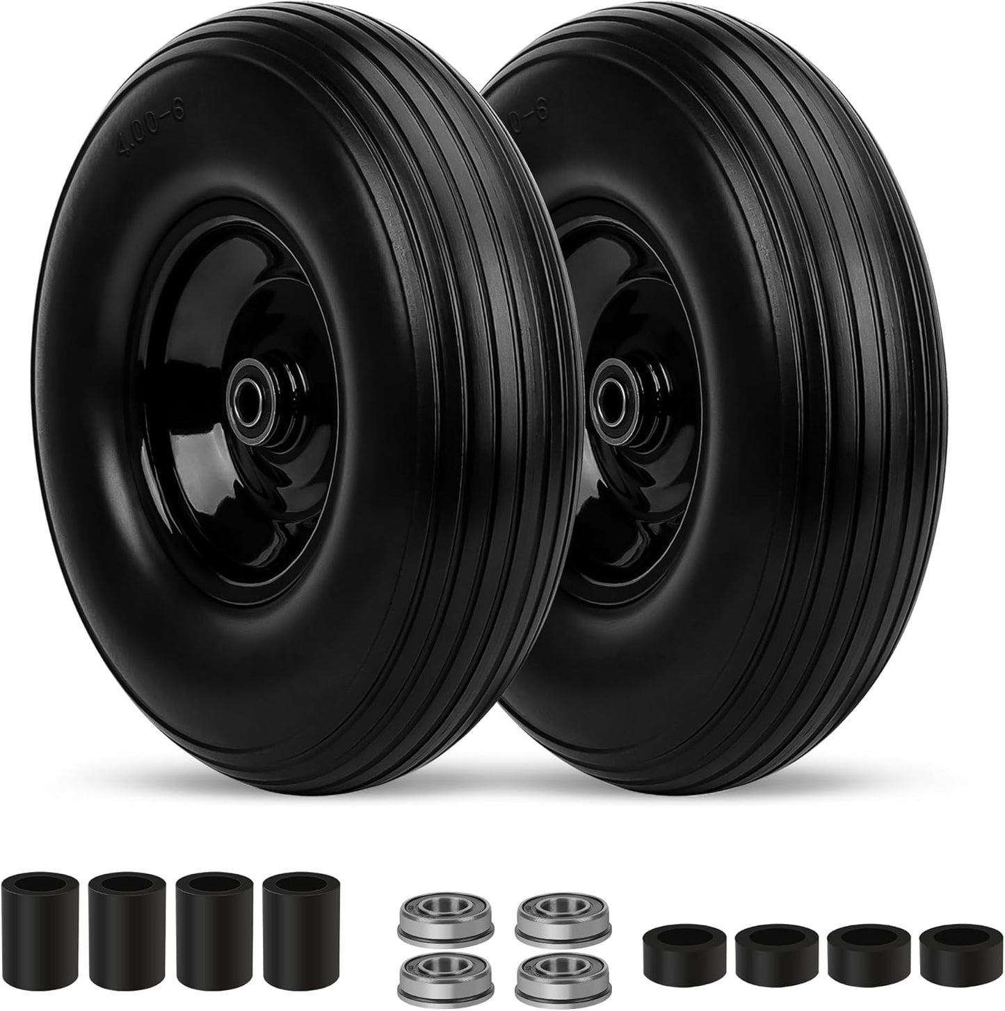 Upgrade 13Inch Wheelbarrow Tires 4.00-6 Flat Free Tire And Wheel with 5/8" & 3/4" Bearings, 1.77"-5.75" Center Hub for Wheelbarrows Garden Wagon Cart Wheel Replacement by NISHCON, 2Pack