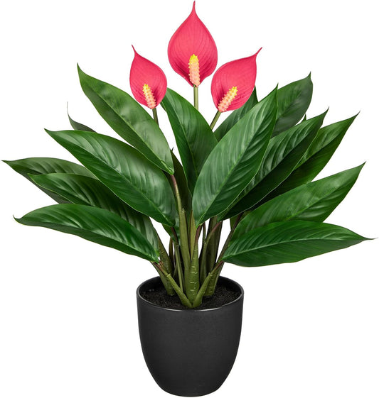 20'' Realistic Pink Anthurium Artificial Plant, Fake Potted Plants for Home Office Farmhouse Kitchen Bathroom Table Shelf Decor