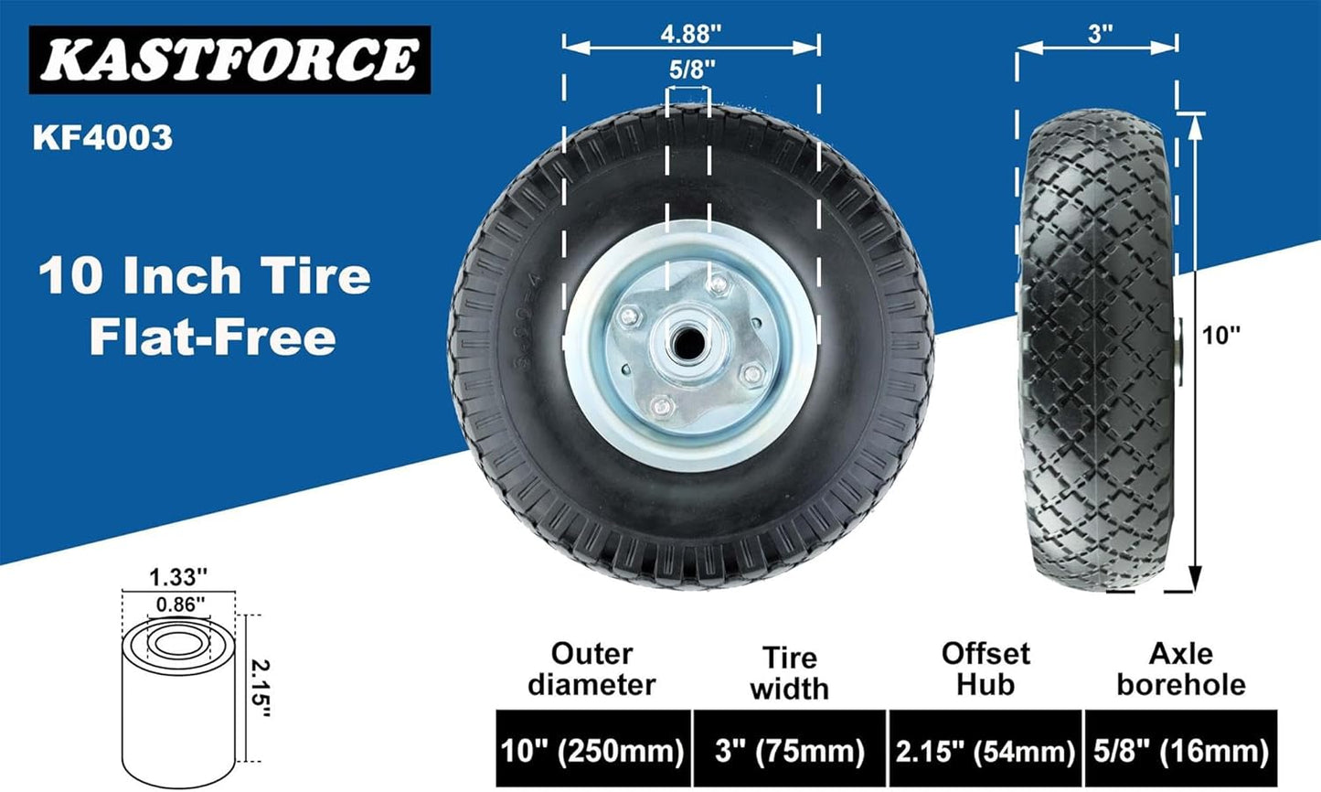 KF4003 Twin Pack 10-Inch Solid Rubber Tire Wheels Replacement 3.00-4 Tires Wheels Flat Free with 5/8" Bearings 2.15" Offset Hub Perfect for Hand Truck Wheelbarrow Garden Cart Non-Flat
