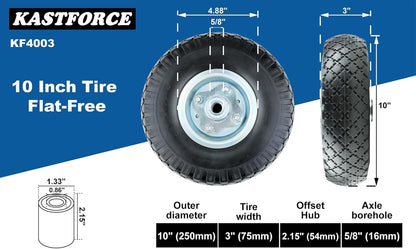 KF4003 Twin Pack 10-Inch Solid Rubber Tire Wheels Replacement 3.00-4 Tires Wheels Flat Free with 5/8" Bearings 2.15" Offset Hub Perfect for Hand Truck Wheelbarrow Garden Cart Non-Flat