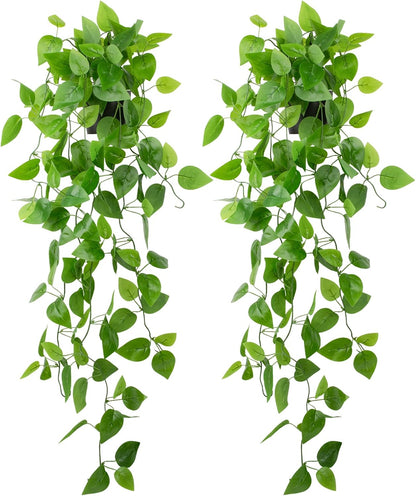 LOYWREE 2 Pack Small Artificial Hanging Plants with Faux Ivy Vine and Hanging Pothos 39Inch Fake Plant Realistic Greenery for Shelf Decor in Home, Office, Indoor & Outdoor Gardens