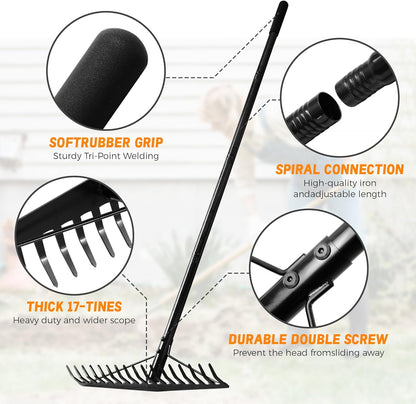 5.4FT Bow Heavy Duty Wide Metal Garden Lawn Rake, 17 Inch Garden Leaf Rake, for Loosening Soil, Raking Leaf, Leveling Rocks, Spreading Mulch Gravel, Rustproof Metal Rakes Garden Tools