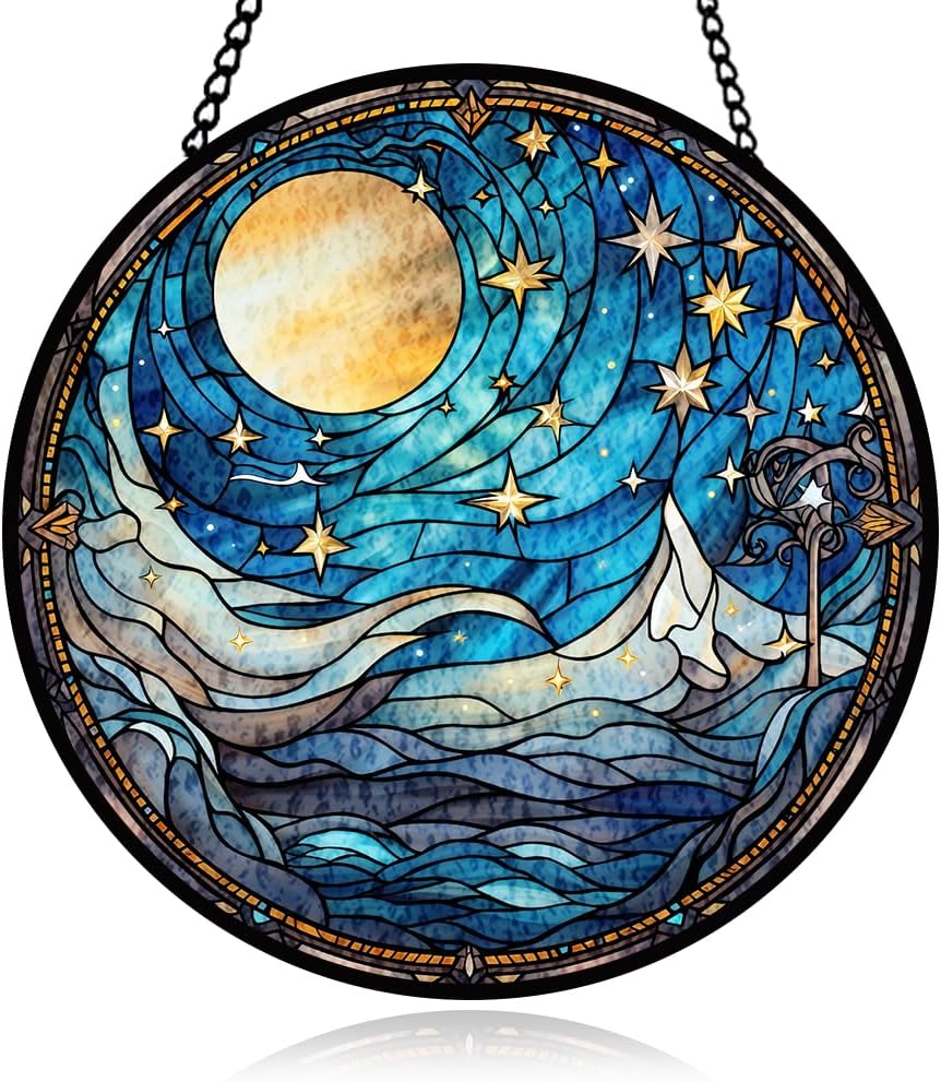 Moonlight Stained Glass Window Hanging, Stars Suncatcher Panel for Indoor Outdoor Decor, Lunar Night Glass Ornament for Wall, Balcony, Porch Decor, Hanging Ornament Gifts for Birthday Housewarming