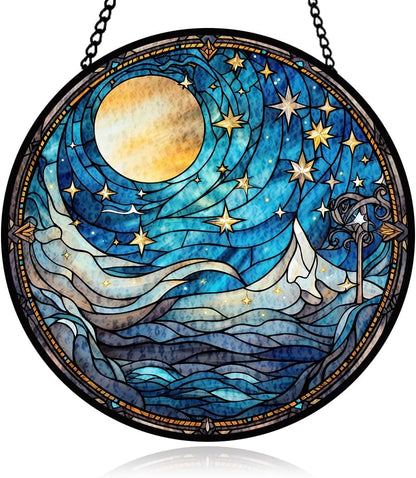 Moonlight Stained Glass Window Hanging, Stars Suncatcher Panel for Indoor Outdoor Decor, Lunar Night Glass Ornament for Wall, Balcony, Porch Decor, Hanging Ornament Gifts for Birthday Housewarming