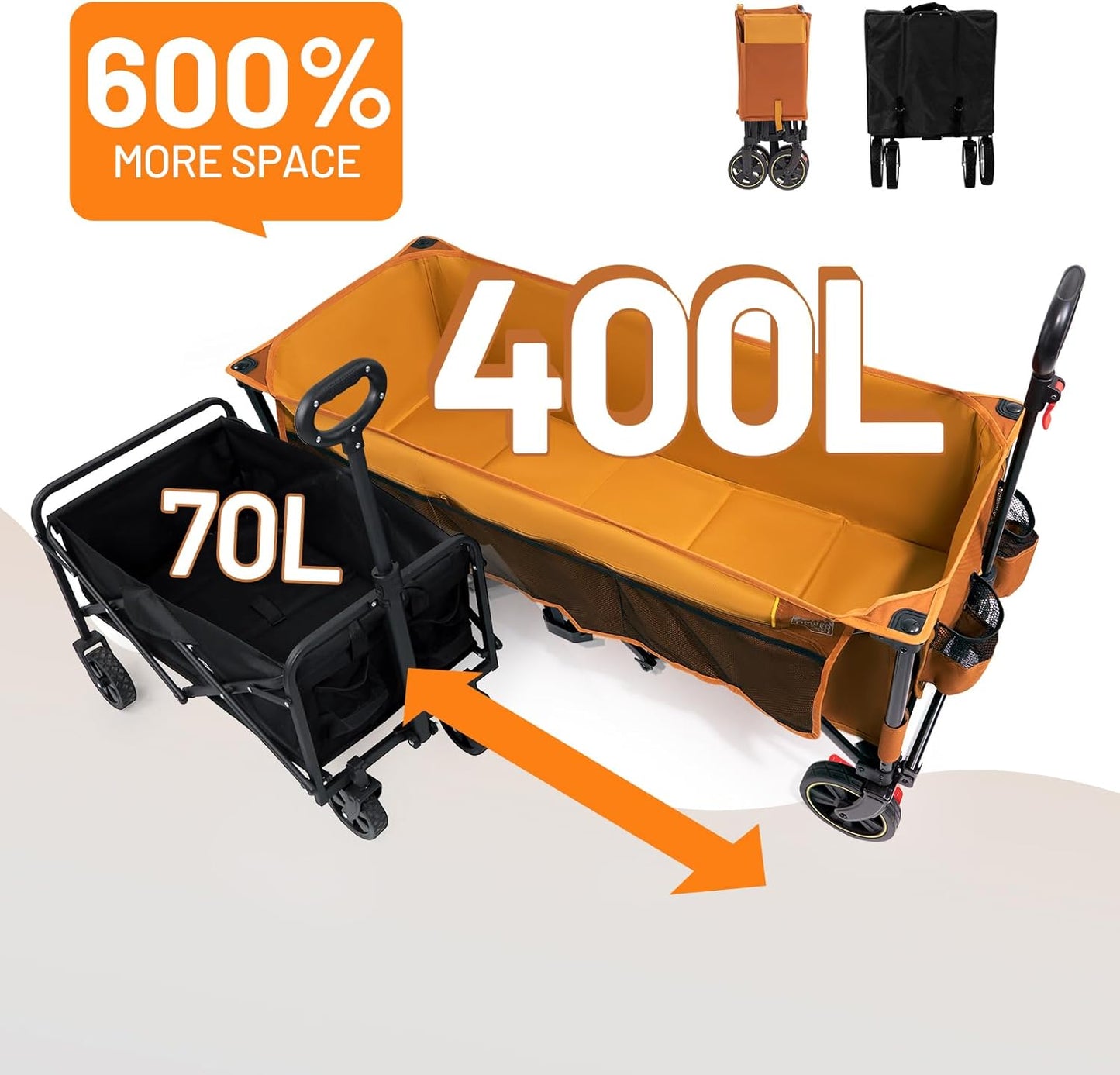 Timber Ridge 51.2'' Extended Collapsible Wagon Cart with Brakes and Cargo Net, 500LBS Heavy Duty Foldable Utility Wagon with Adjustable Handle, 400L Capacity Portable Cart for Camping Sports, Orange