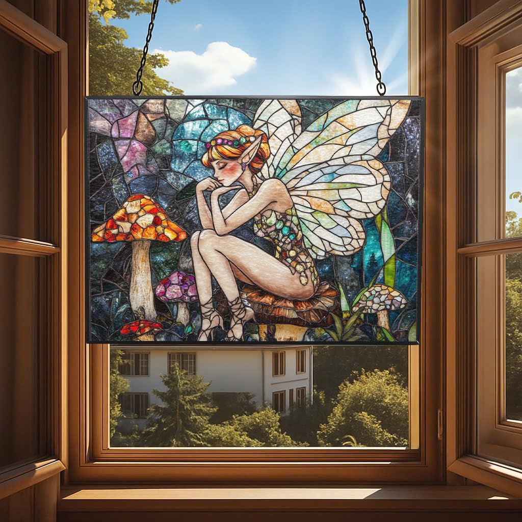 Customized Rectangle Boho Fairy On Mushroom Stained Glass Window Hanging, Stained Glass Suncatcher for Women, Window Decor Perfect Home Décor