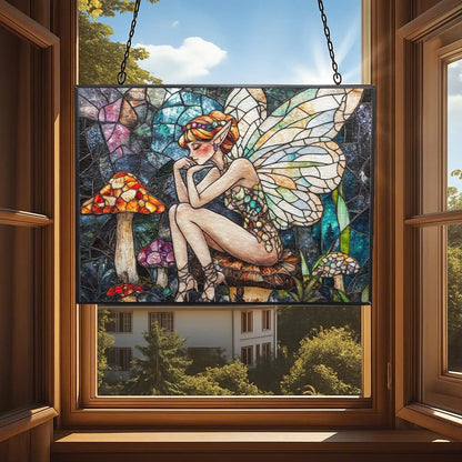 Customized Rectangle Boho Fairy On Mushroom Stained Glass Window Hanging, Stained Glass Suncatcher for Women, Window Decor Perfect Home Décor