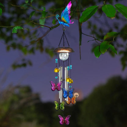 Solar Wind Chimes for Outside, 33.5 Inch Butterfly Wind Chimes Outdoors with Crackled Glass Ball Decorative Hanging in Garden, Yard, Patio