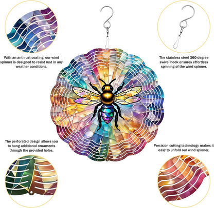 Bee Wind Spinner, 3D Hanging Stainless Steel Garden Spinner, Wind Spinner Hanging for Outdoor & Indoor Décor, Unique Gifts for Yard Garden Decoration or Patio Décor (Bee)