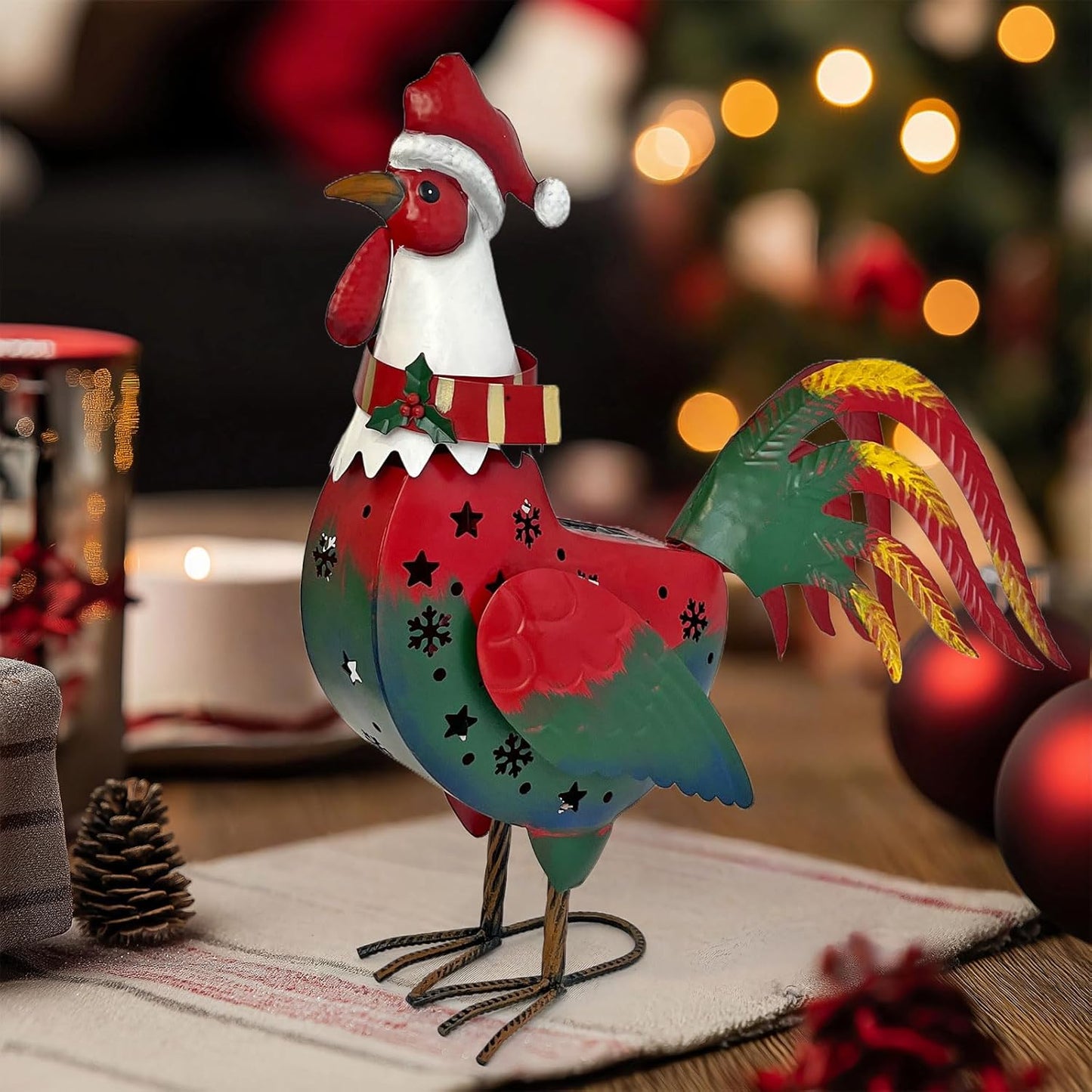 LIFFY Christmas Rooster Yard Decor,18" Metal Chicken Outdoor Decor with Solar Light,Garden Rooster Statues for Outside,Patio Decorative Ornaments for Home Backyard Landscape