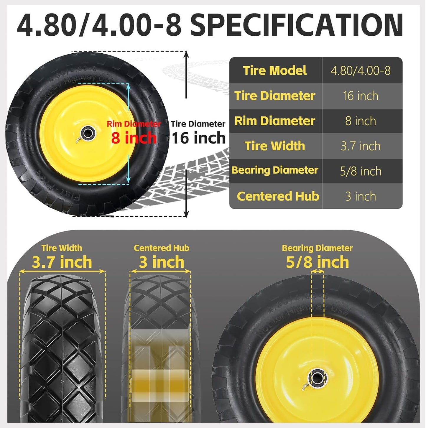 4.80/4.00-8 Solid Wheelbarrow Tire and Wheel 16" Flat-Free Tire with 3" Centered Hub 5/8" & 3/4" Bearings Fits Garden Cart, Hand Truck, Wagon,Trolleys and Trailers