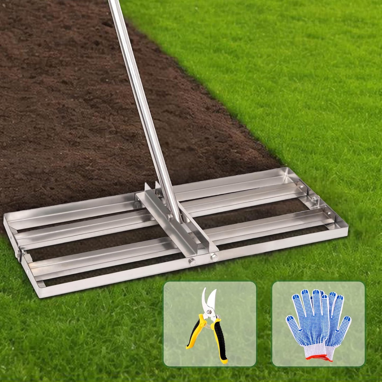 Lawn Leveling Rake - 30'' x 10'' Stainless Steel Lawn Leveler, Heavy Duty Ground Plate Rake for Yard, with Adjustable 72'' Long Handle, Effort Saving Lawn Level Tool for Farm, Garden, Golf Lawn