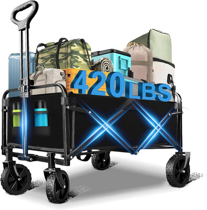 Wagons Carts Foldable, Collapsible Wagon with All-Terrain Wheels 420lbs Weight Capacity Heavy Duty Utility Wagon with Drink Holders for Beach, Garden, Camping, Shopping Groceries, Sports