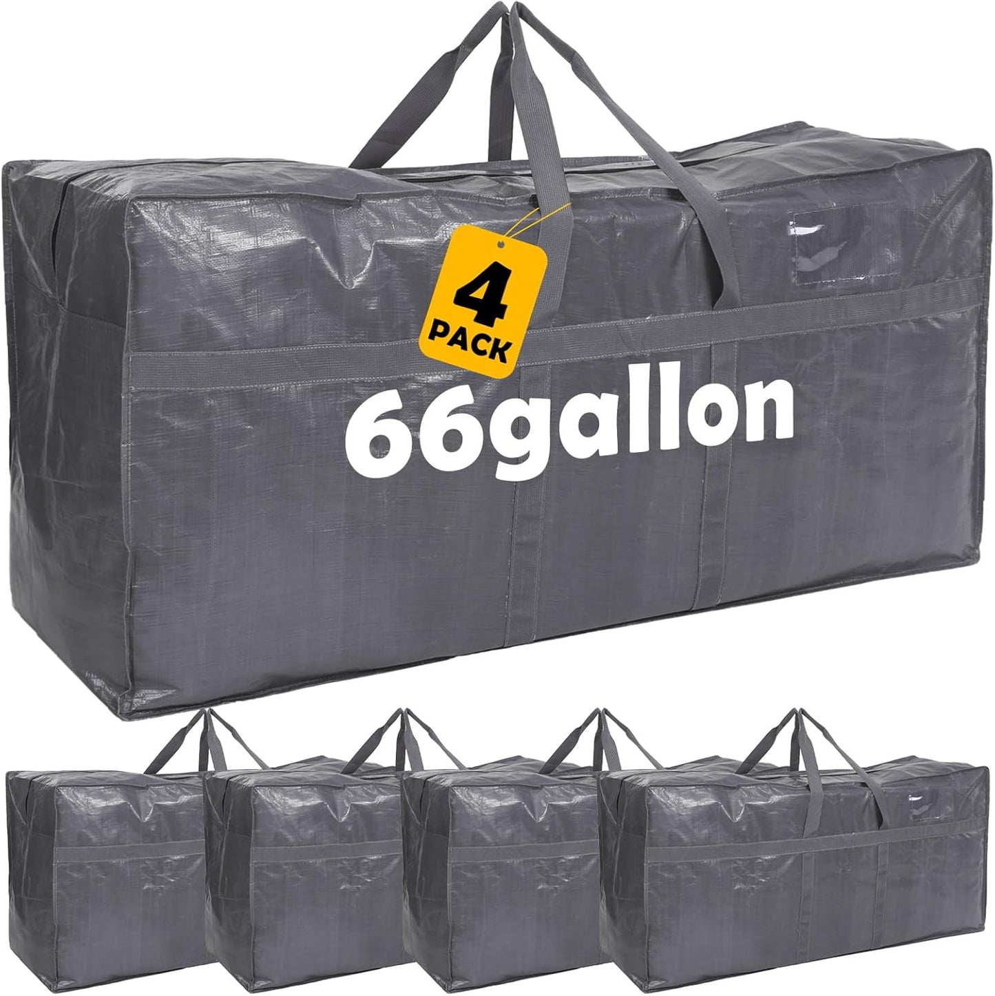 4 Pcs Large Moving Bags with Zipper and Handles Foldable Storage Duffle Bags Heavy Duty Extra Large Totes for College Dorm Travel Clothes Blankets Bedding Moving(66 Gallon,Gray)