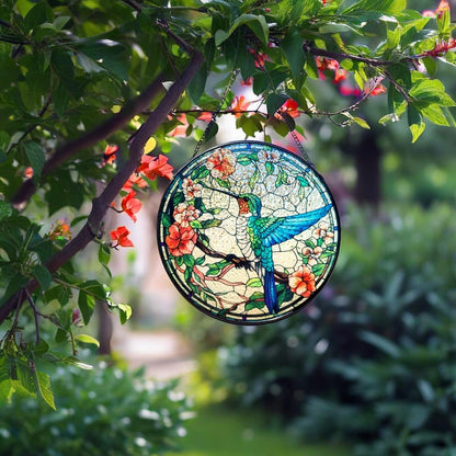 Stained Glass Window Hanging, 7.87" Luyseyha Sun Catcher for Window, Hummingbird Suncatcher Ornaments, Handmade Glass Art Wall Decor, Birthday Gift for Women Grandma Mom