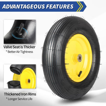(2 Pack)4.80/4.00-8 Wheelbarrow Tire and Wheel, 16" Rubber Pneumatic Wheel, 3" -6" Centered Hub, 5/8" & 3/4" Bearings, for Hand Truck, Trolley, Garden Cart, Wagons【Explorer Series】