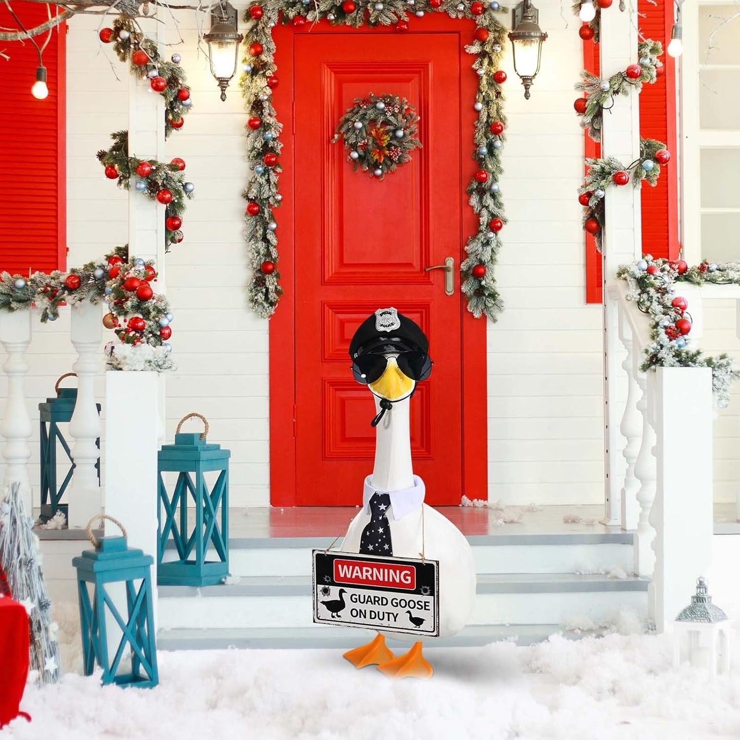 Police Goose Outfits 23” Cement Porch Goose Police Hat Eyeglasses Tie Wooden Warning for Yard and Patio Decoration (Police)