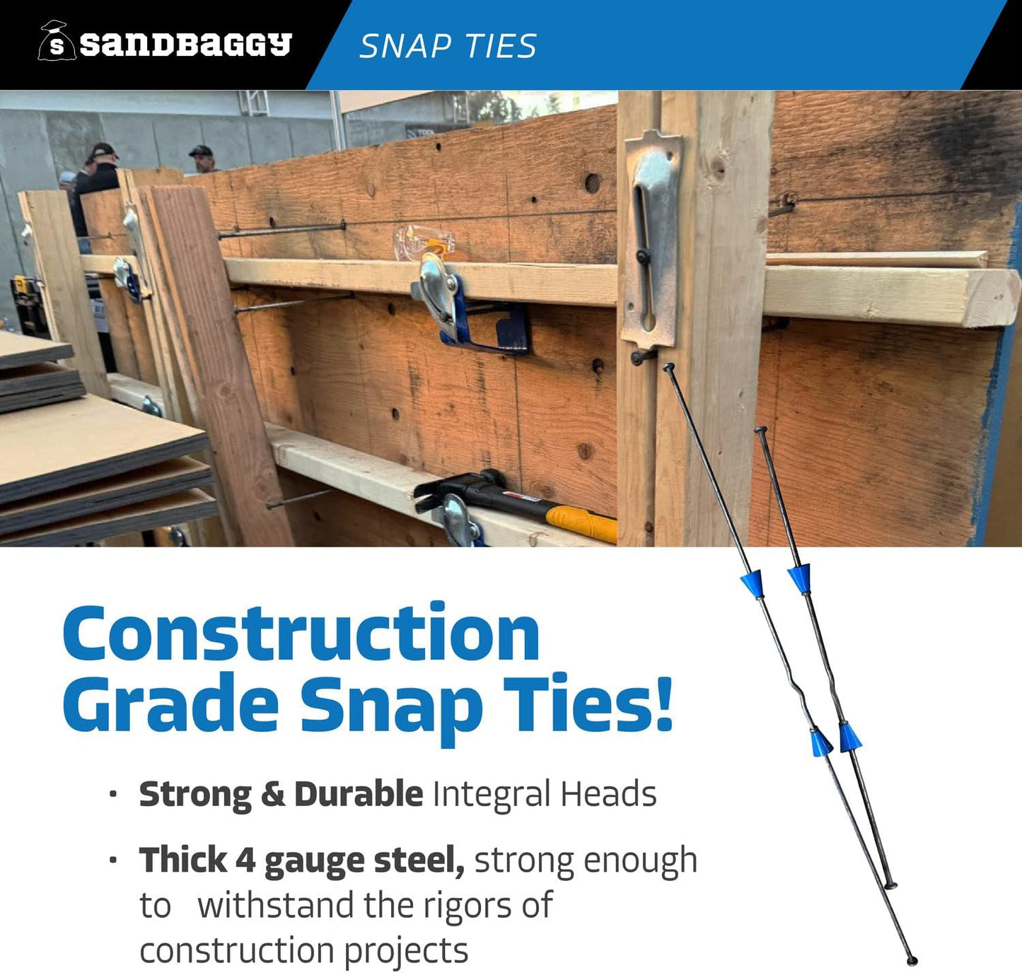 8" Standard Snap Ties for Concrete Forms - 1" Plastic Cones, Integral Heads - 2:1 Safety Factor, 2,250 lbs Working Load - Construction Grade 4 Gauge Steel (Long End - 8.25", 400)