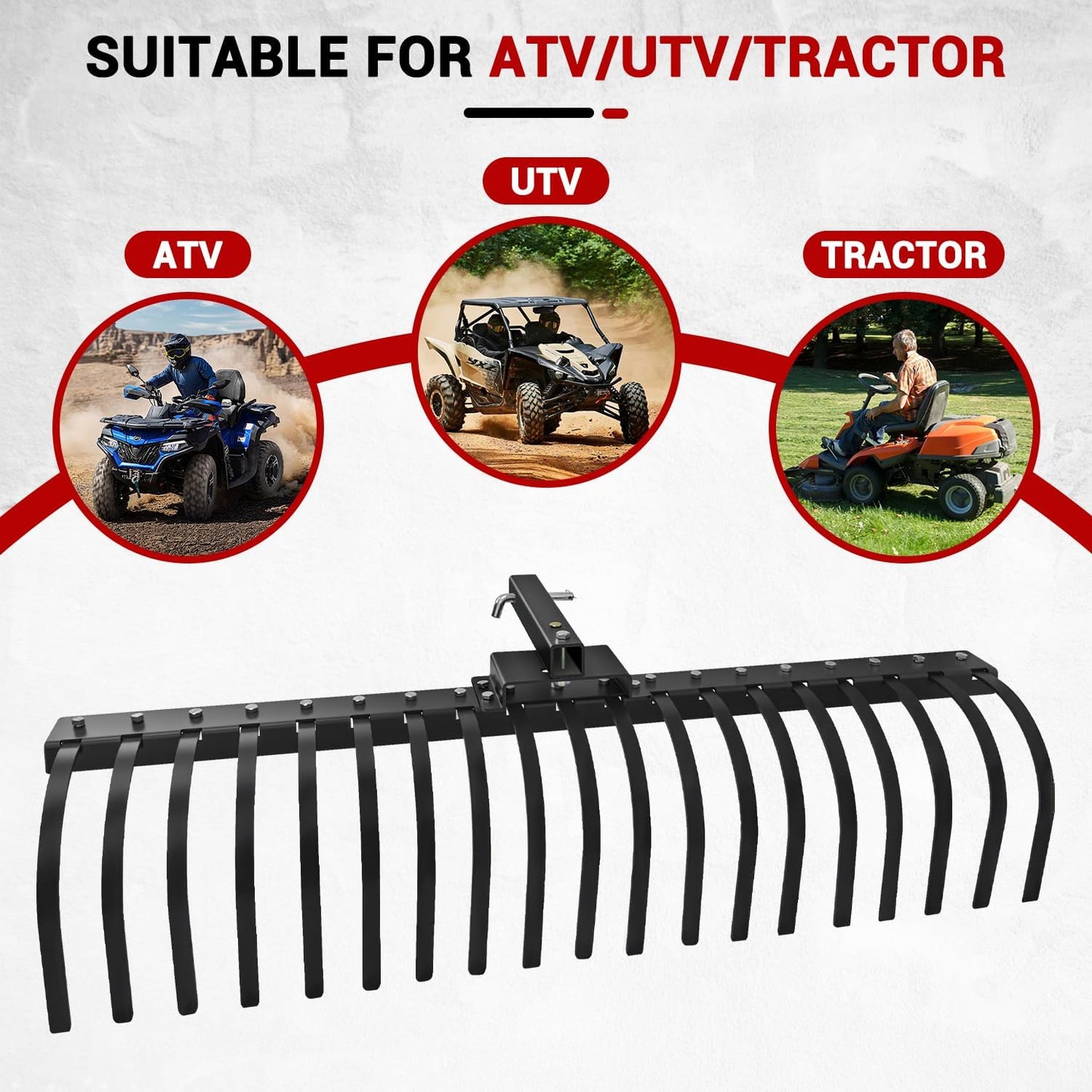 55" Durable Tow Behind Landscape Rake Tractors Rake Fits 2" Receiver for Lawn Tractors or ATV/UTV，Black