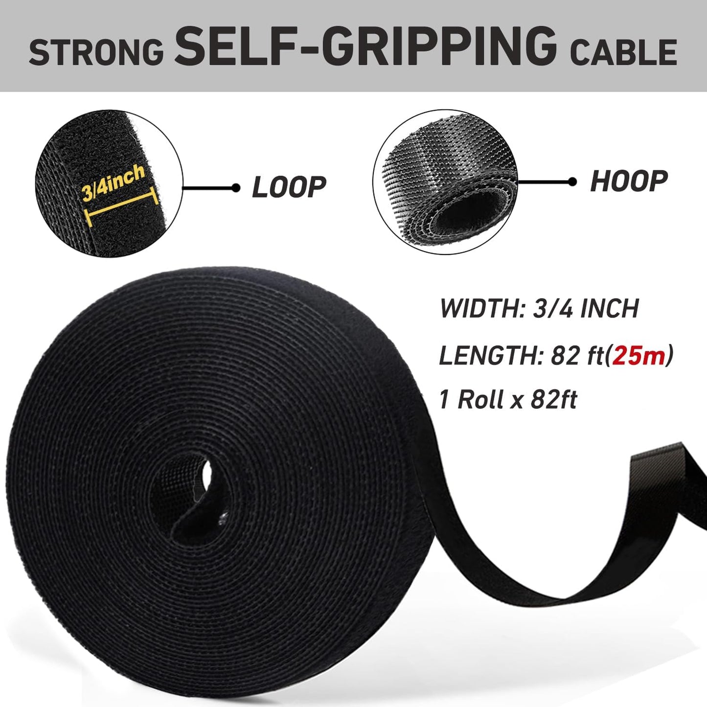 82ft 3/4 inch Fastening Cable Ties, Hitotsu Reusable Hook and Loop Roll, Self-Gripping Bundling Strips for Cord Manage,Home, Office, Electrical Cords, Host Room, Black