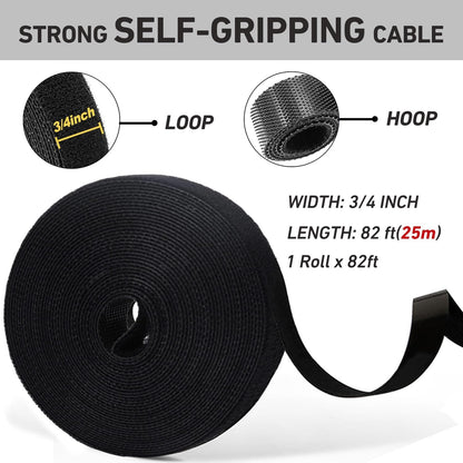 82ft 3/4 inch Fastening Cable Ties, Hitotsu Reusable Hook and Loop Roll, Self-Gripping Bundling Strips for Cord Manage,Home, Office, Electrical Cords, Host Room, Black
